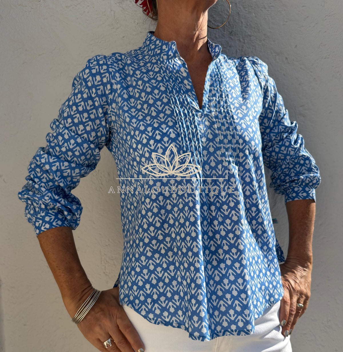 Blue Hand Block Printed Cotton Shirt, Front Pleated Blouse, Long Sleeve Boho Top, Soft Cotton Casual Women’s Wear
