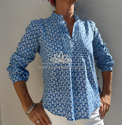 Blue Hand Block Printed Cotton Shirt, Front Pleated Blouse, Long Sleeve Boho Top, Soft Cotton Casual Women’s Wear