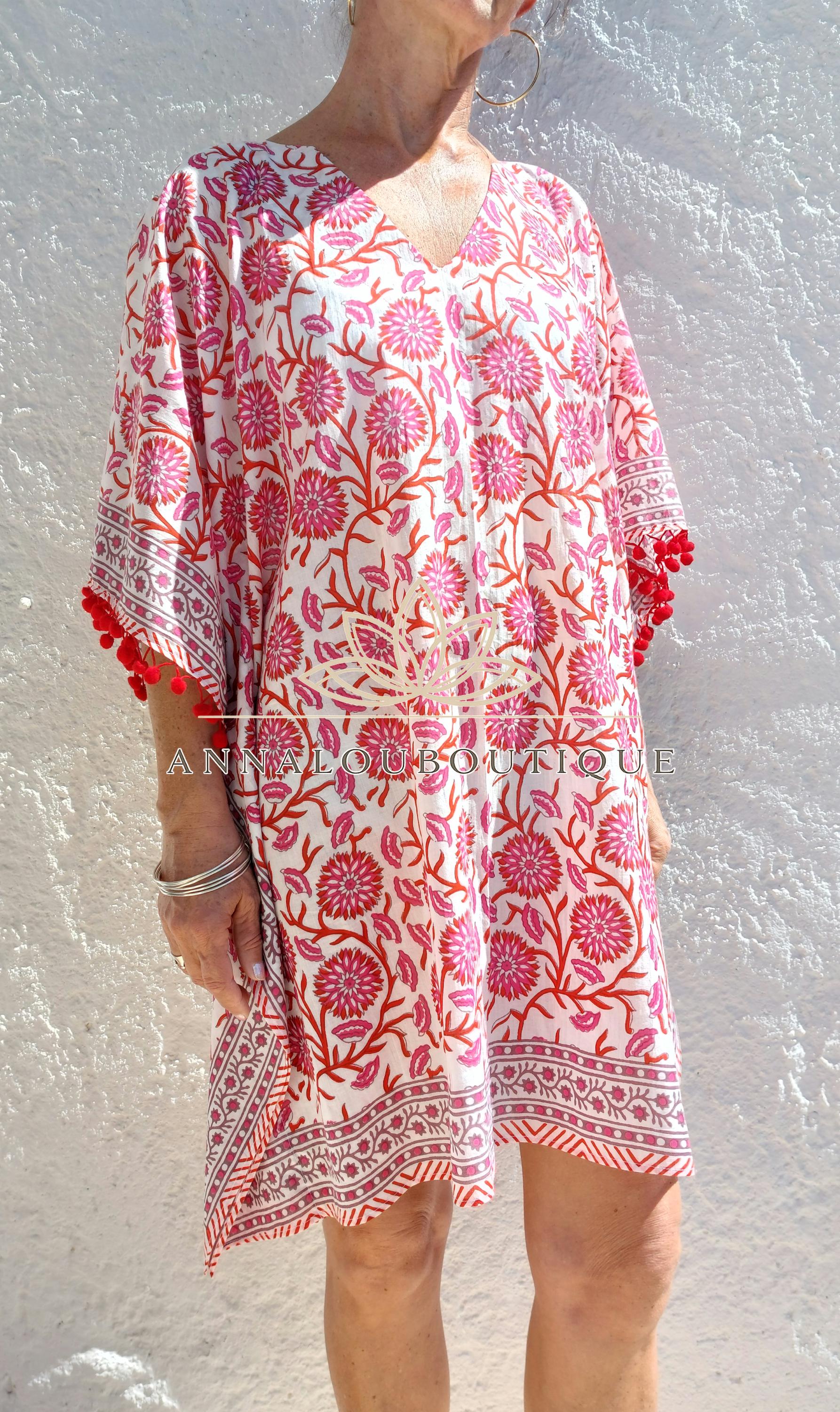 Hippie Chic Cotton Poncho – Short Kaftan with Pompon Finish & V Neck