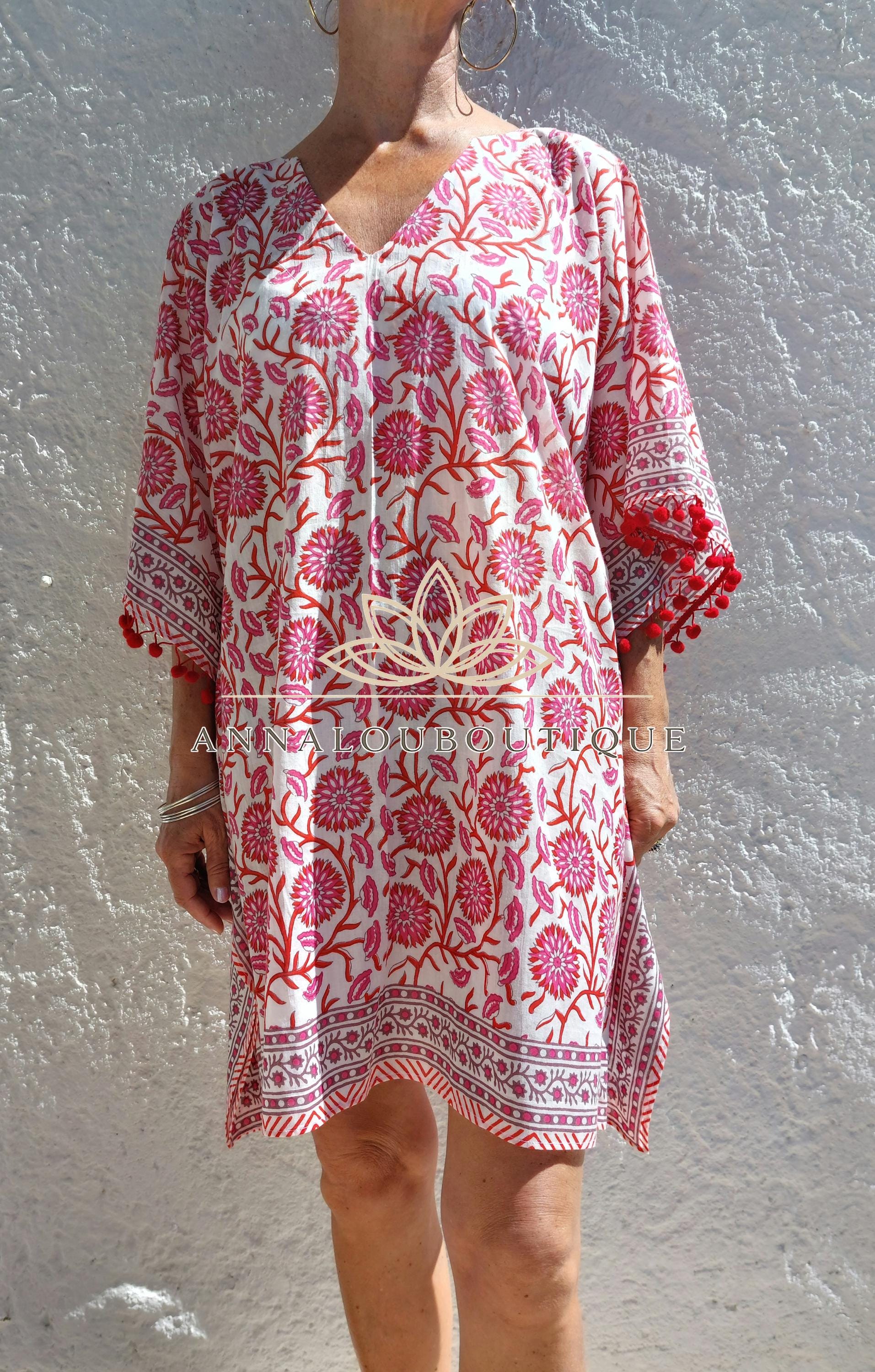 Hippie Chic Cotton Poncho – Short Kaftan with Pompon Finish & V Neck
