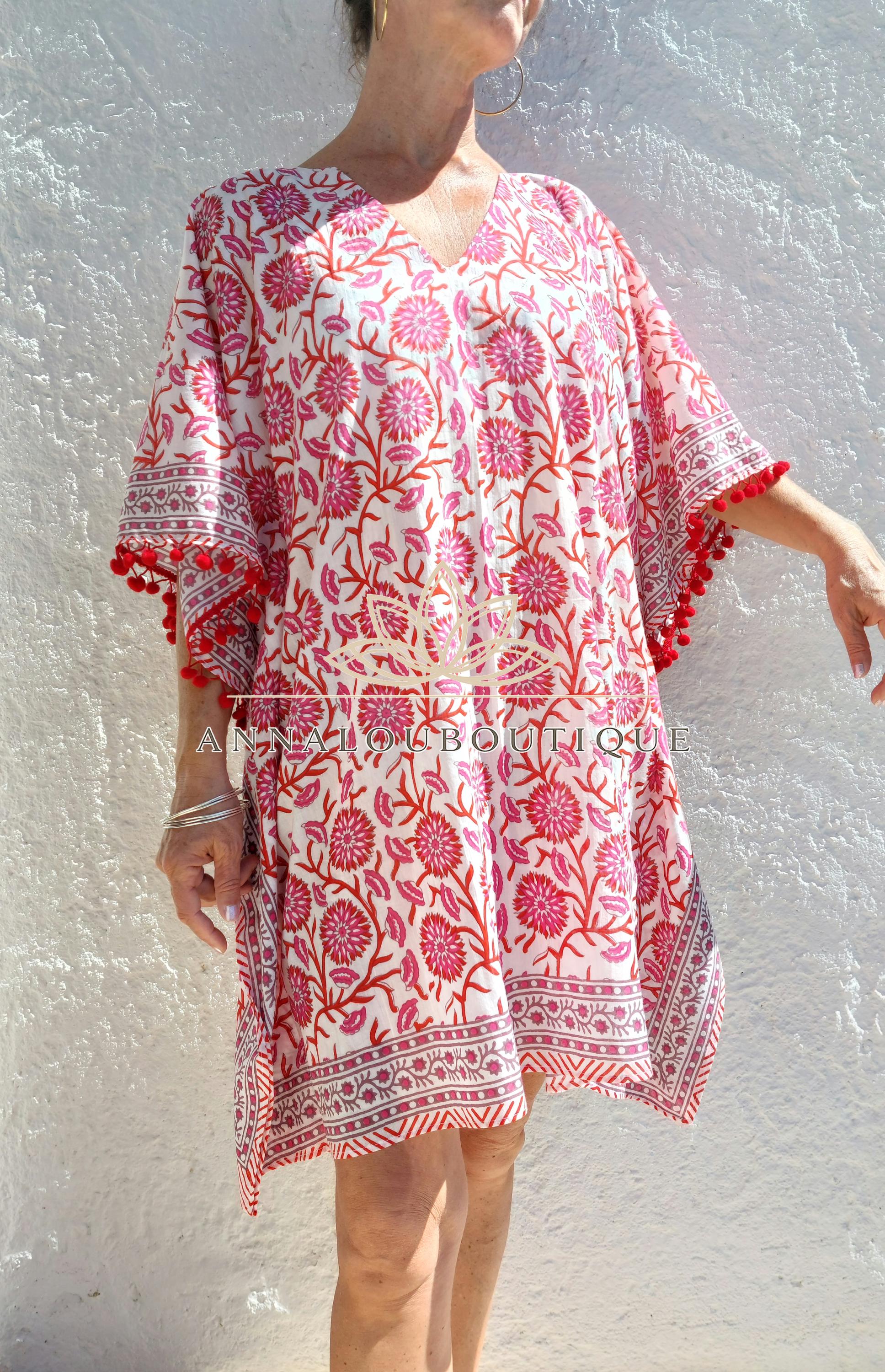 Hippie Chic Cotton Poncho – Short Kaftan with Pompon Finish & V Neck