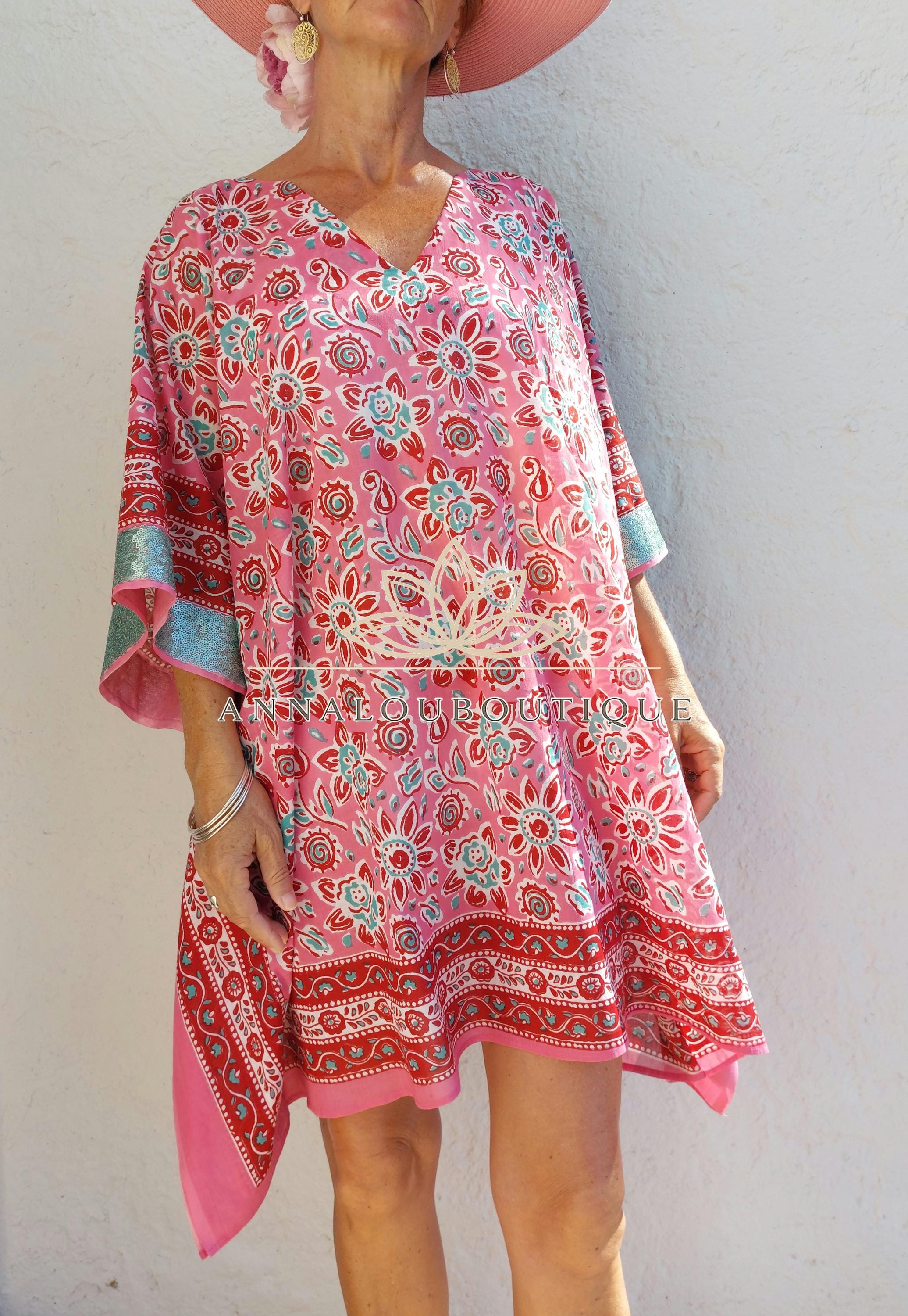 Pink & Red Short Kaftan, Soft Cotton Beach Cover Up, V-Neck Bohemian Summer Dress, Lightweight Resort Wear, Handmade Cotton Fashion