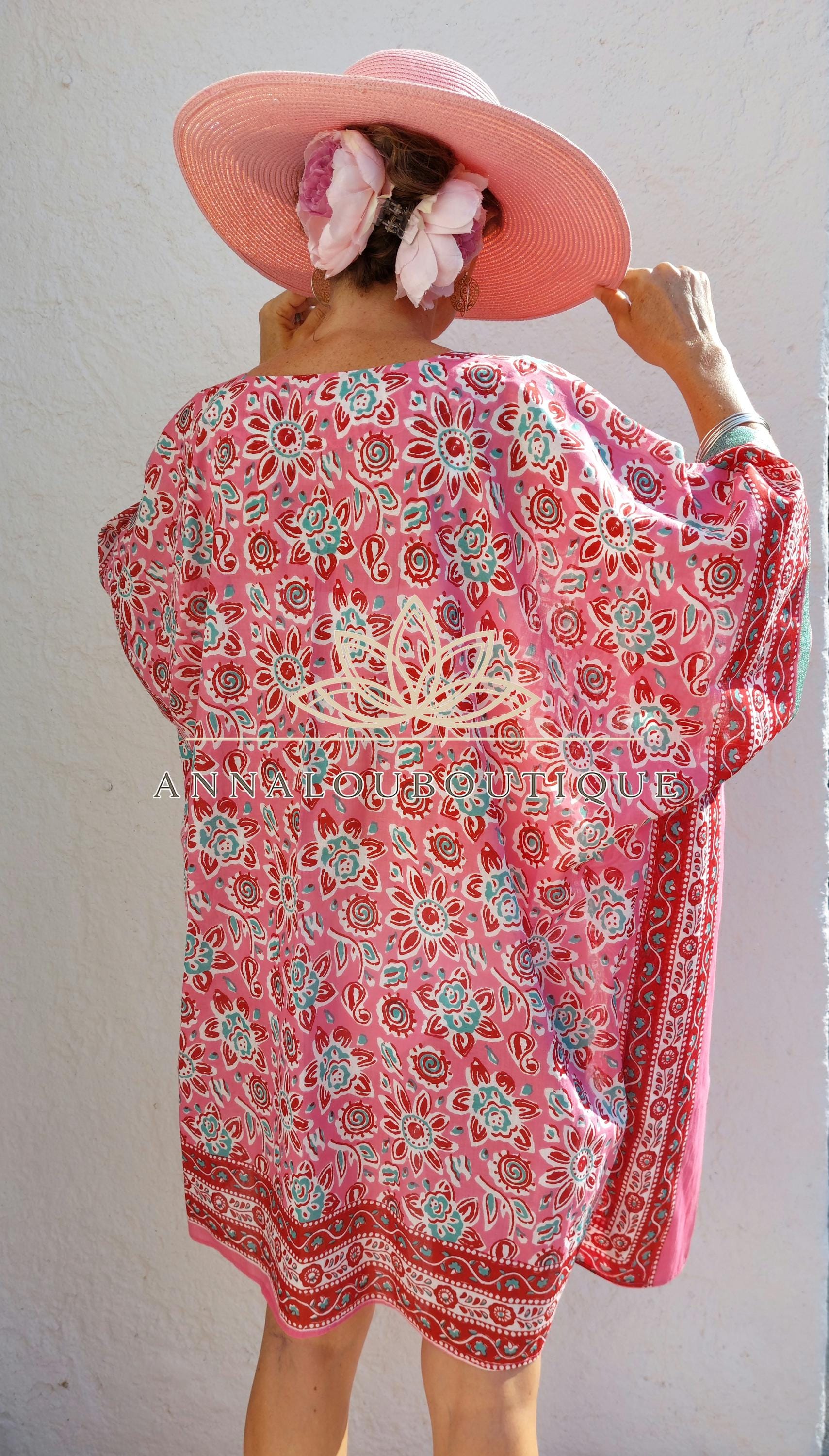 Pink & Red Short Kaftan, Soft Cotton Beach Cover Up, V-Neck Bohemian Summer Dress, Lightweight Resort Wear, Handmade Cotton Fashion