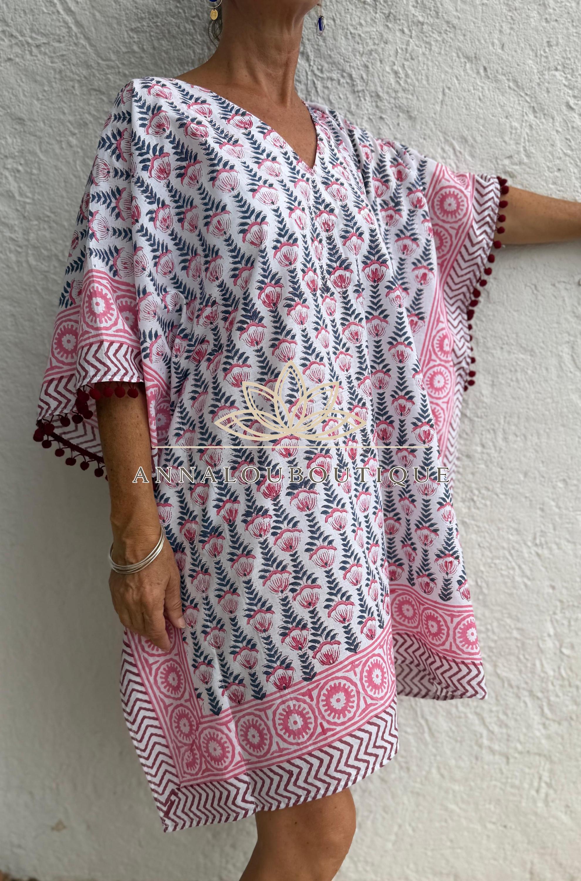 White Pink Blue Short Kaftan, Cotton Beach Cover Up, Bohemian Summer Dress, Hippie Chic Resort Wear, Lightweight Handmade Cotton Fashion