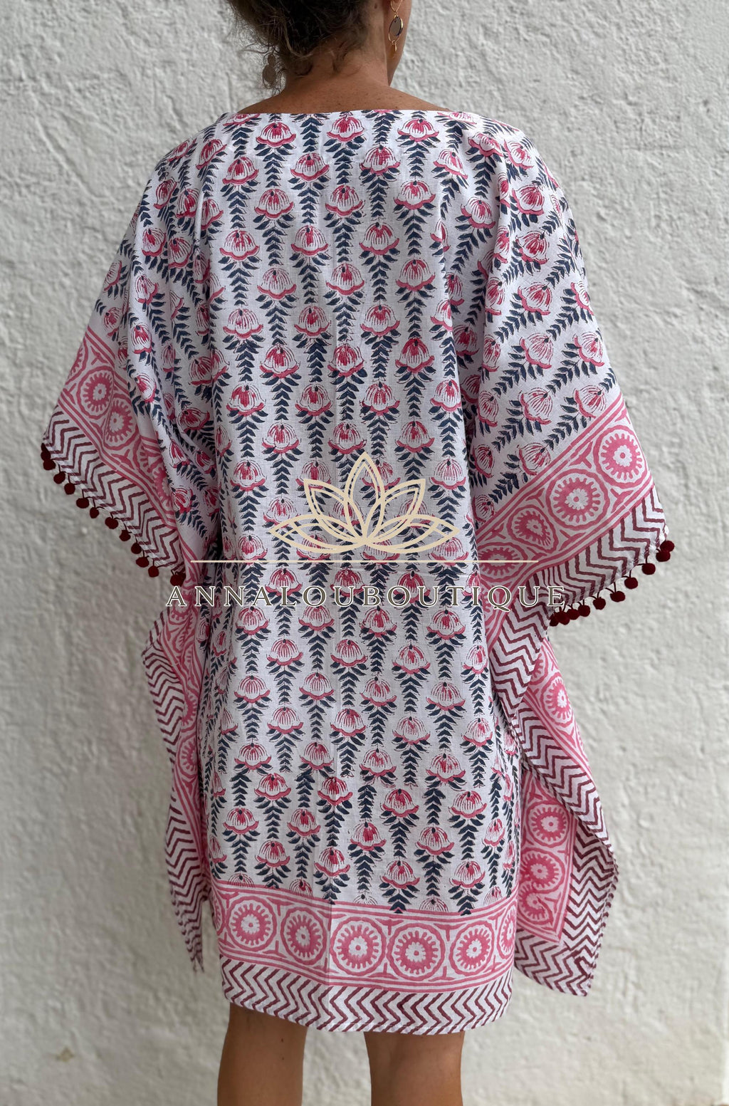 White Pink Blue Short Kaftan, Cotton Beach Cover Up, Bohemian Summer Dress, Hippie Chic Resort Wear, Lightweight Handmade Cotton Fashion