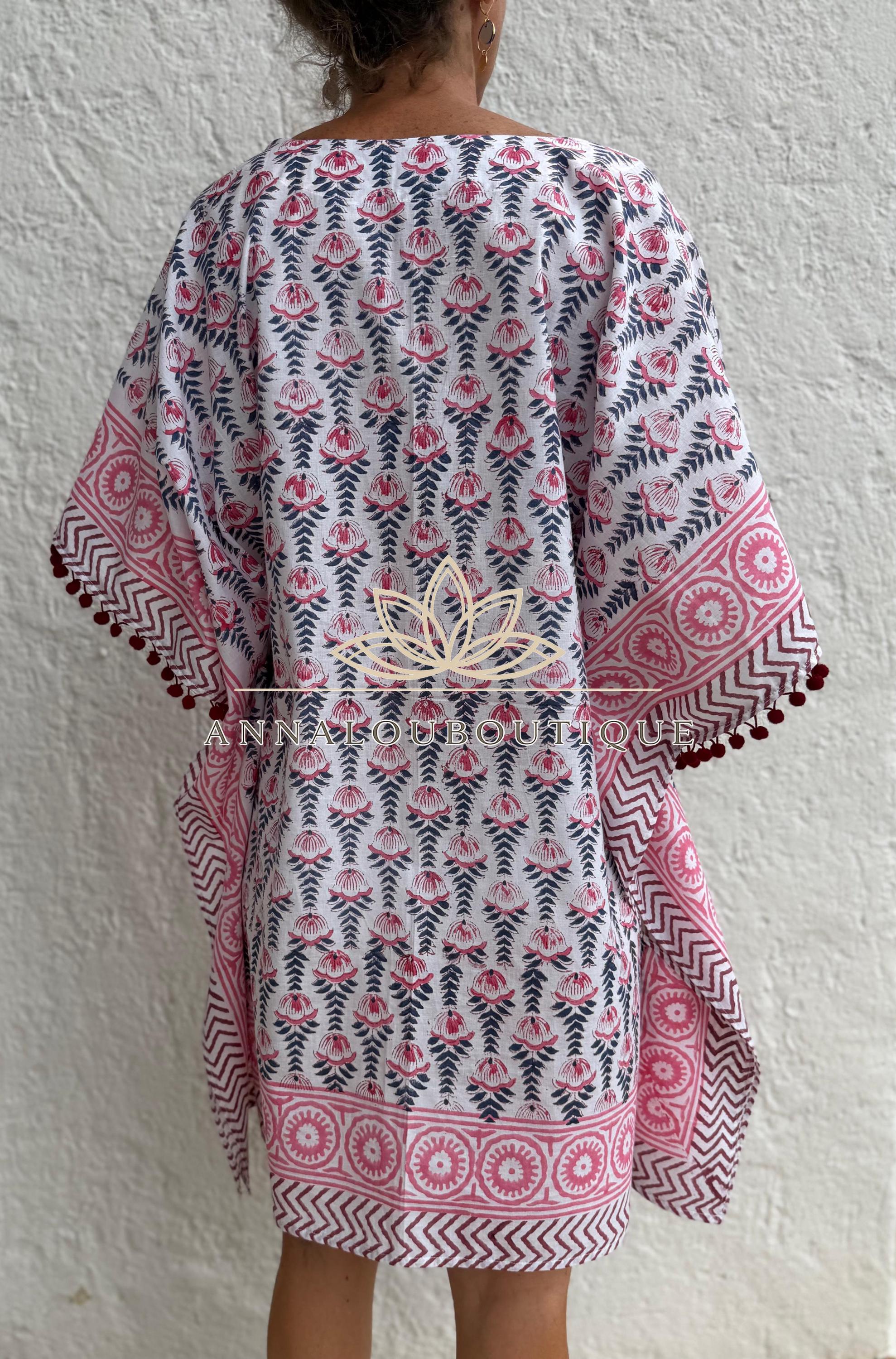 White Pink Blue Short Kaftan, Cotton Beach Cover Up, Bohemian Summer Dress, Hippie Chic Resort Wear, Lightweight Handmade Cotton Fashion