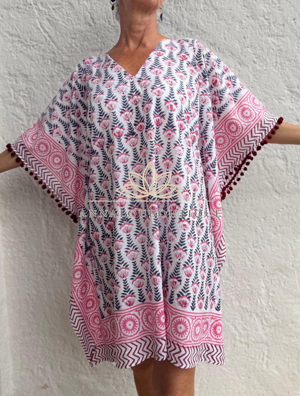 White Pink Blue Short Kaftan, Cotton Beach Cover Up, Bohemian Summer Dress, Hippie Chic Resort Wear, Lightweight Handmade Cotton Fashion