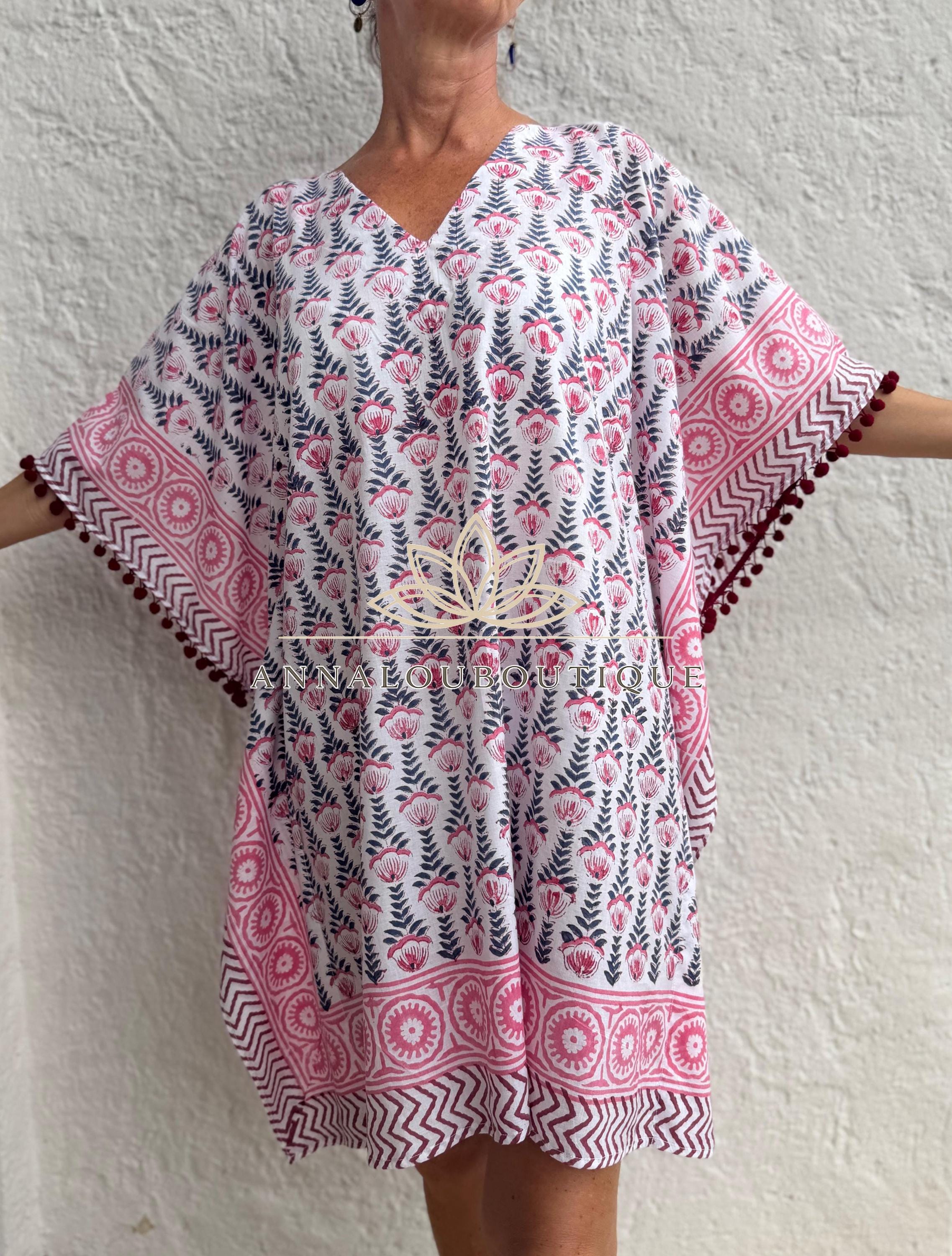 White Pink Blue Short Kaftan, Cotton Beach Cover Up, Bohemian Summer Dress, Hippie Chic Resort Wear, Lightweight Handmade Cotton Fashion