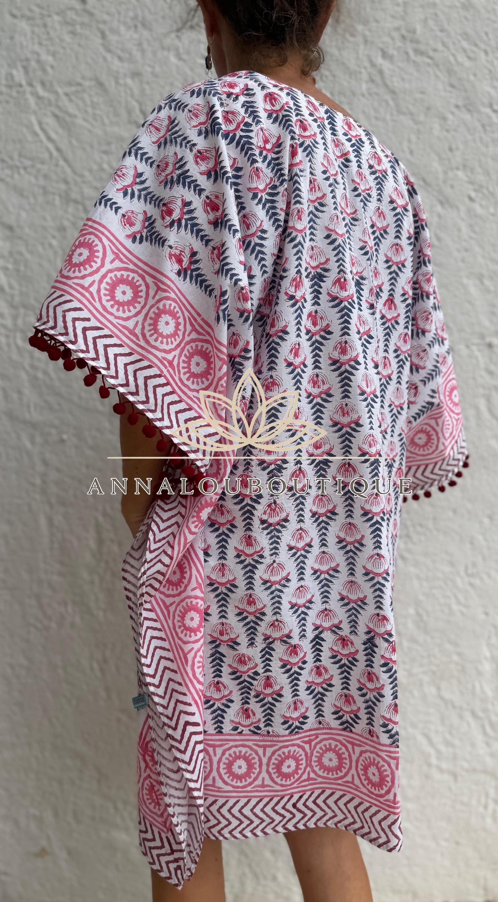 White Pink Blue Short Kaftan, Cotton Beach Cover Up, Bohemian Summer Dress, Hippie Chic Resort Wear, Lightweight Handmade Cotton Fashion