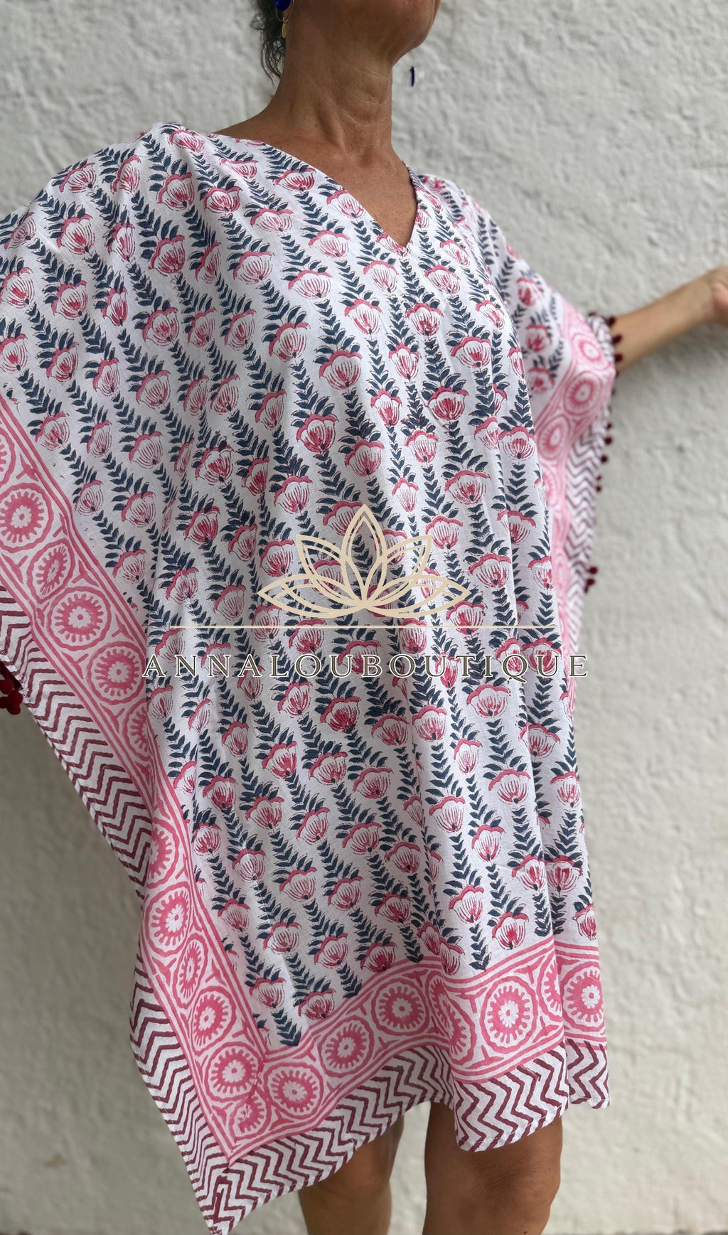 White Pink Blue Short Kaftan, Cotton Beach Cover Up, Bohemian Summer Dress, Hippie Chic Resort Wear, Lightweight Handmade Cotton Fashion
