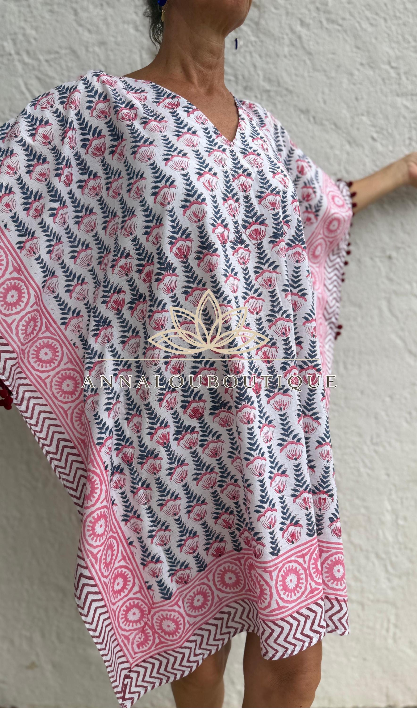 White Pink Blue Short Kaftan, Cotton Beach Cover Up, Bohemian Summer Dress, Hippie Chic Resort Wear, Lightweight Handmade Cotton Fashion