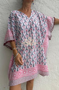White Pink Blue Short Kaftan, Cotton Beach Cover Up, Bohemian Summer Dress, Hippie Chic Resort Wear, Lightweight Handmade Cotton Fashion