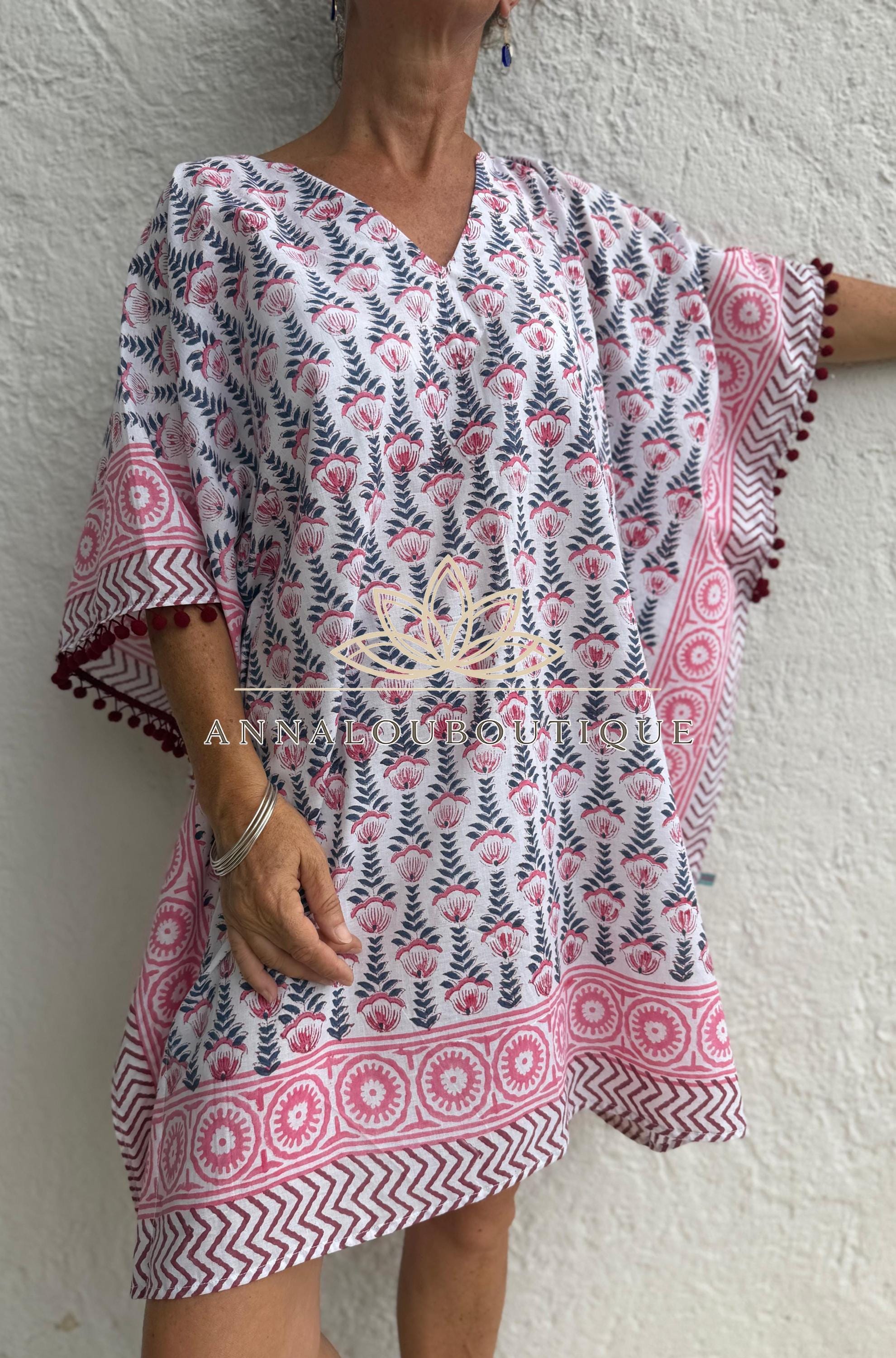 White Pink Blue Short Kaftan, Cotton Beach Cover Up, Bohemian Summer Dress, Hippie Chic Resort Wear, Lightweight Handmade Cotton Fashion