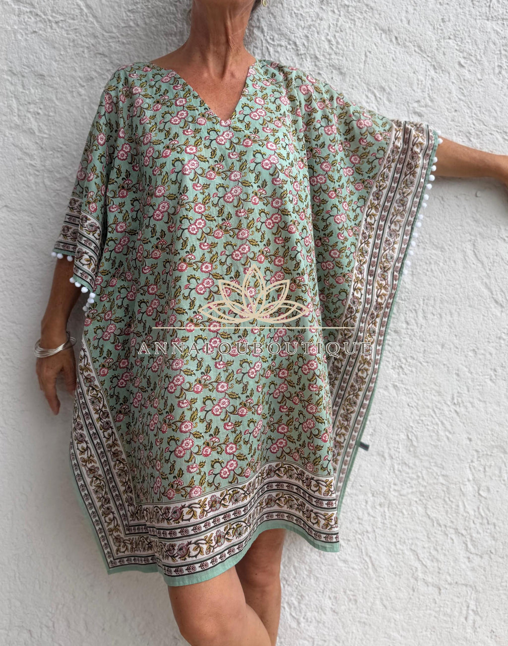 Almond Green Floral Short Kaftan, Cotton Beach Cover Up, Bohemian Summer Dress, Hippie Chic Resort Wear, Lightweight Handmade Cotton Fashion
