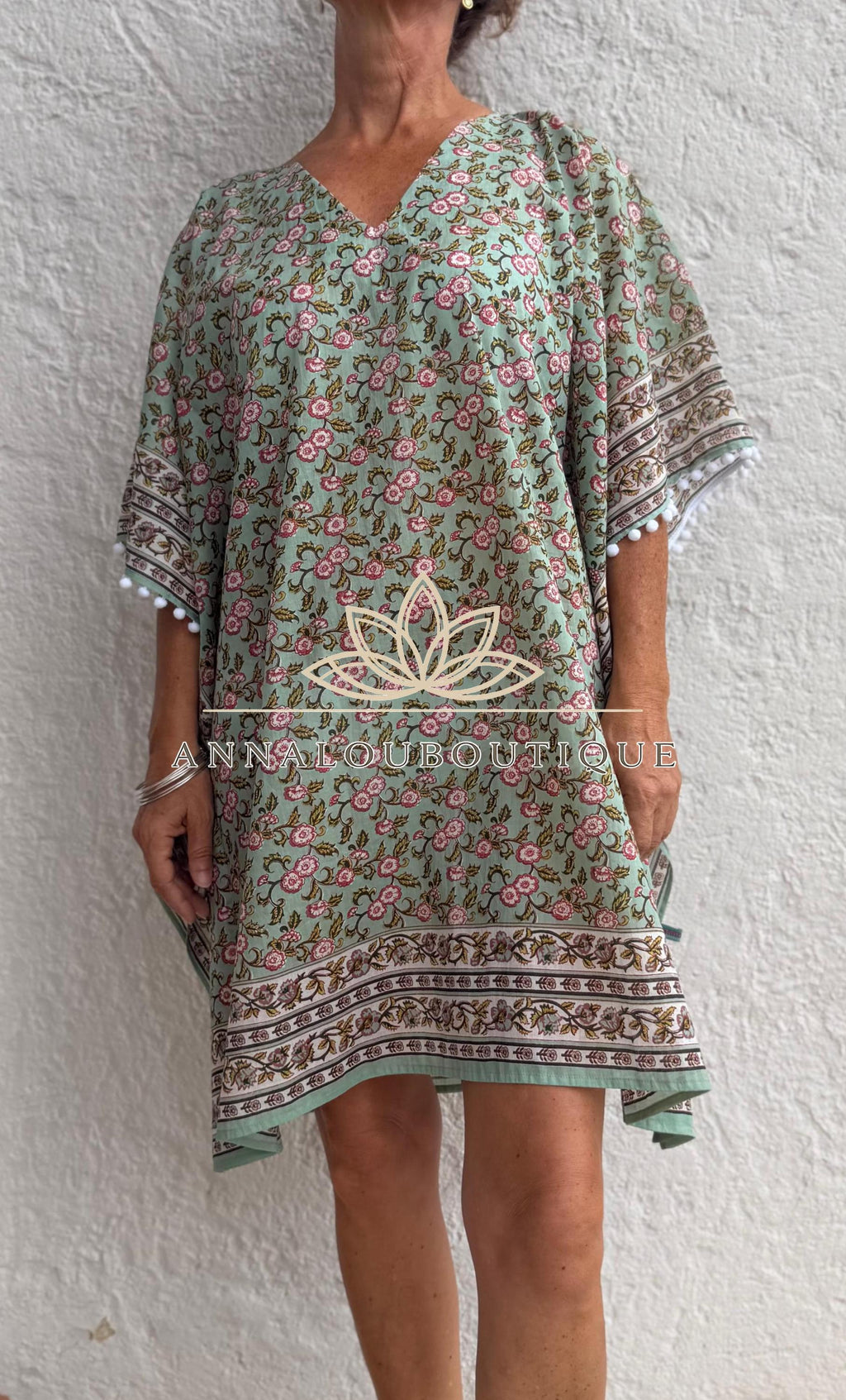 Almond Green Floral Short Kaftan, Cotton Beach Cover Up, Bohemian Summer Dress, Hippie Chic Resort Wear, Lightweight Handmade Cotton Fashion