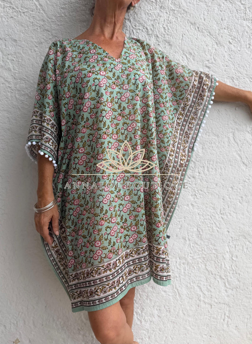 Almond Green Floral Short Kaftan, Cotton Beach Cover Up, Bohemian Summer Dress, Hippie Chic Resort Wear, Lightweight Handmade Cotton Fashion