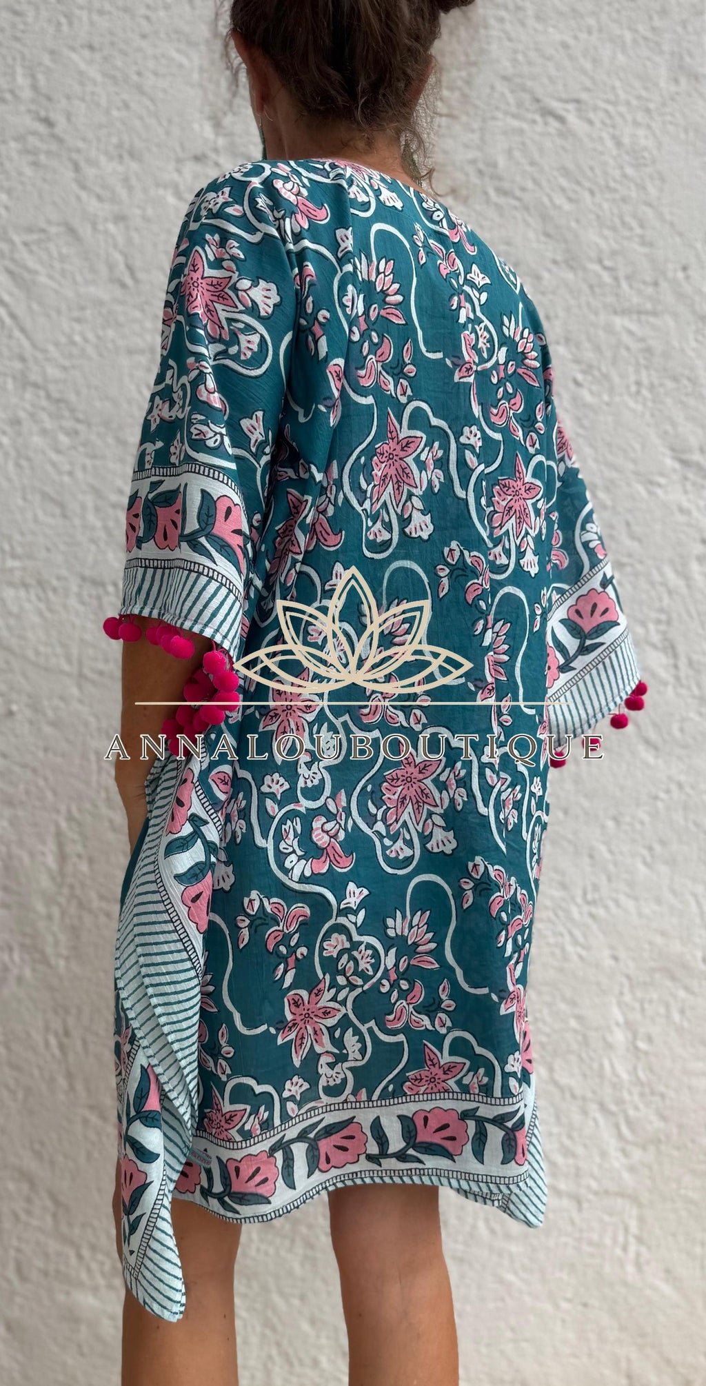 Teal & Pink Floral Short Kaftan, Cotton Beach Cover Up, Bohemian Summer Dress, Hippie Chic Resort Wear, Lightweight Handmade Cotton Fashion