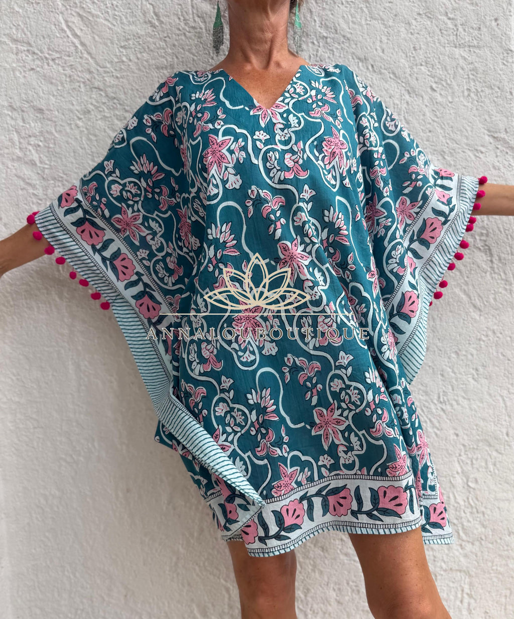Teal & Pink Floral Short Kaftan, Cotton Beach Cover Up, Bohemian Summer Dress, Hippie Chic Resort Wear, Lightweight Handmade Cotton Fashion