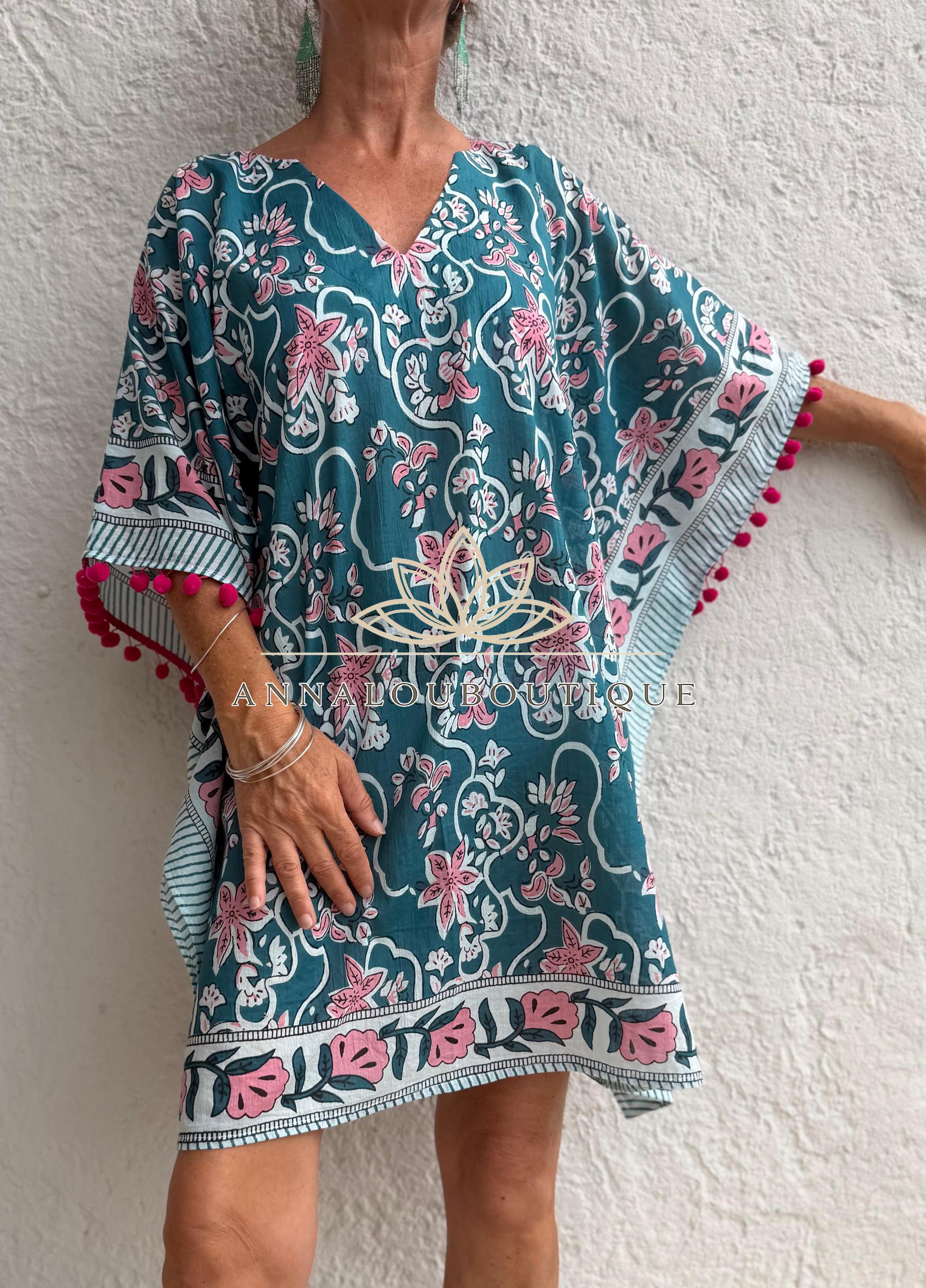Teal & Pink Floral Short Kaftan, Cotton Beach Cover Up, Bohemian Summer Dress, Hippie Chic Resort Wear, Lightweight Handmade Cotton Fashion