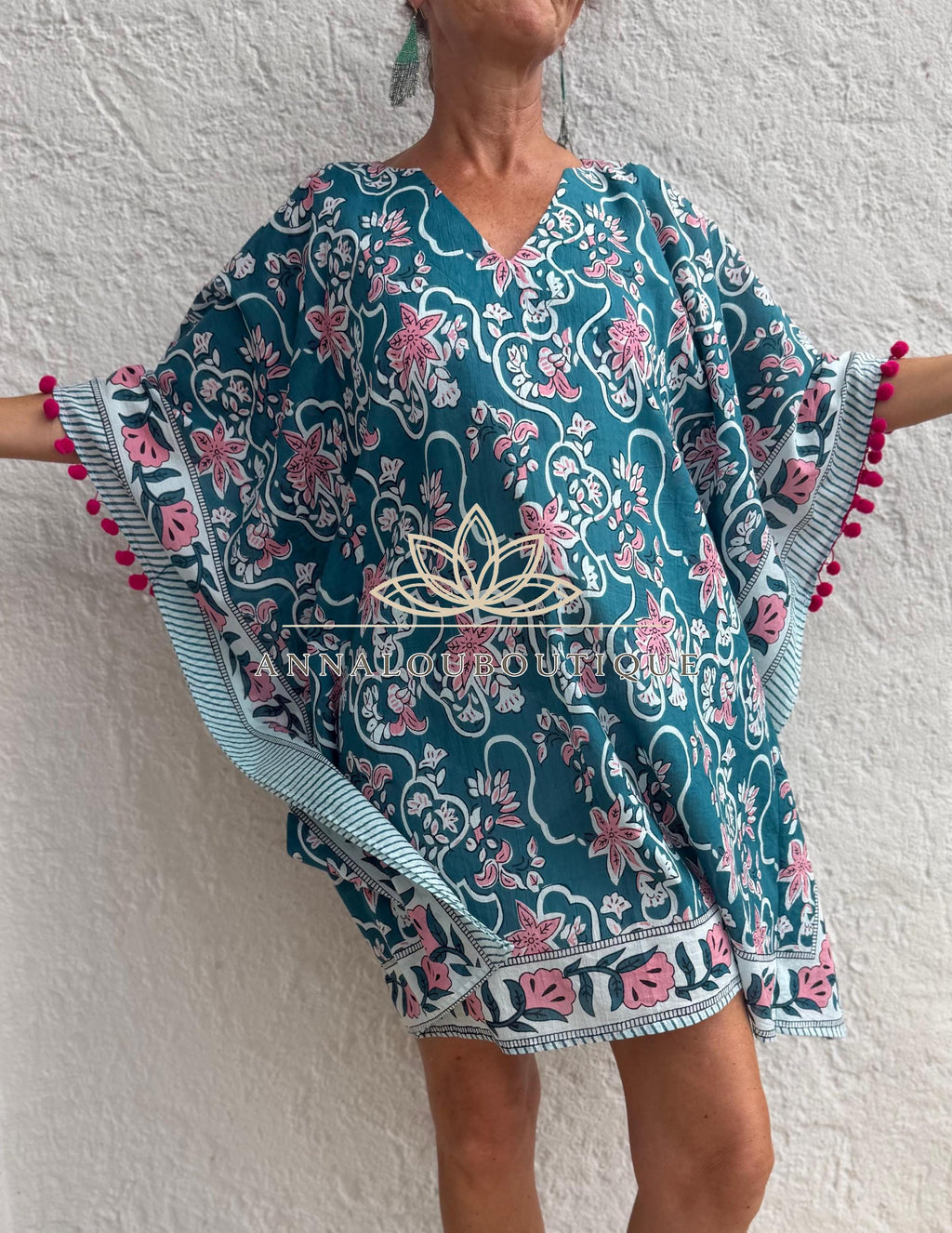 Teal & Pink Floral Short Kaftan, Cotton Beach Cover Up, Bohemian Summer Dress, Hippie Chic Resort Wear, Lightweight Handmade Cotton Fashion