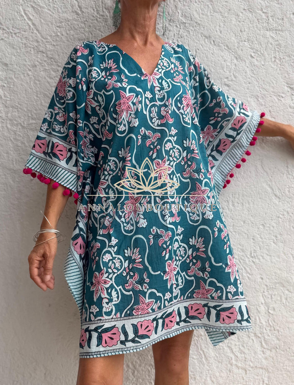 Teal & Pink Floral Short Kaftan, Cotton Beach Cover Up, Bohemian Summer Dress, Hippie Chic Resort Wear, Lightweight Handmade Cotton Fashion