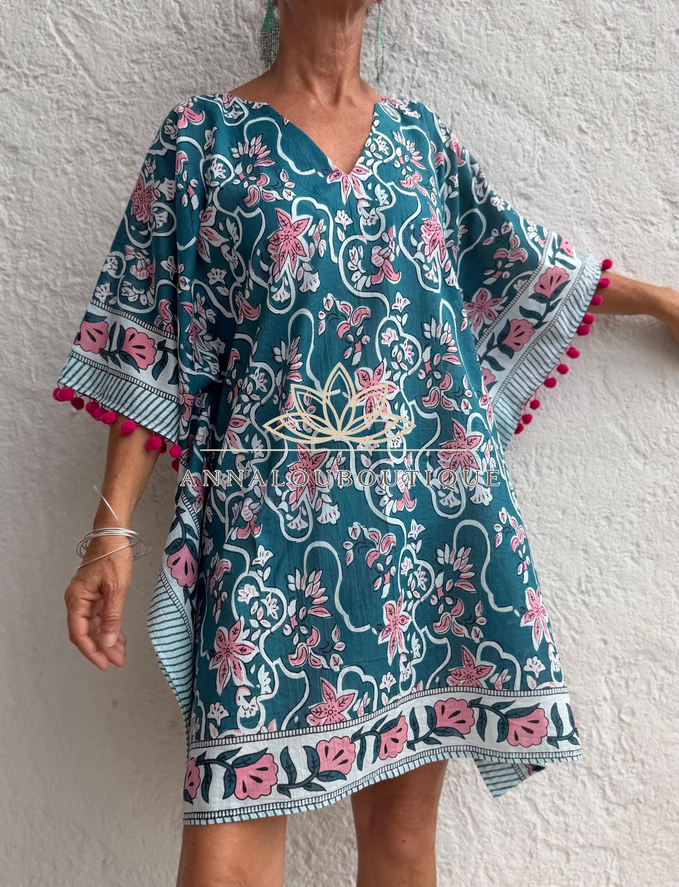 Teal & Pink Floral Short Kaftan, Cotton Beach Cover Up, Bohemian Summer Dress, Hippie Chic Resort Wear, Lightweight Handmade Cotton Fashion