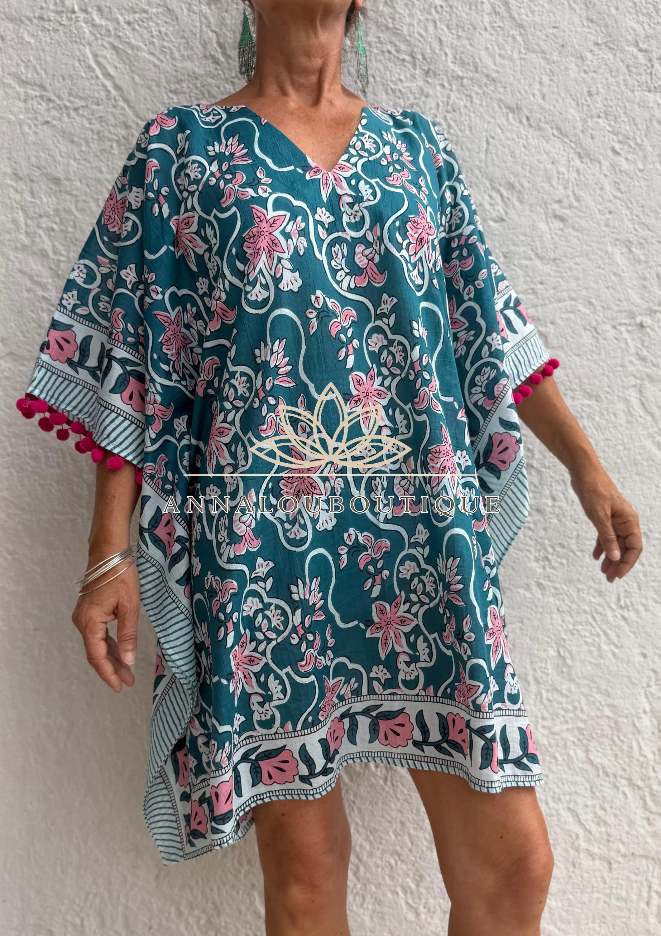 Teal & Pink Floral Short Kaftan, Cotton Beach Cover Up, Bohemian Summer Dress, Hippie Chic Resort Wear, Lightweight Handmade Cotton Fashion