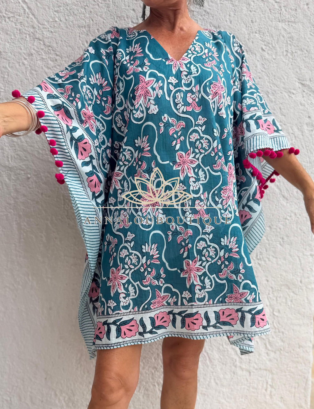 Teal & Pink Floral Short Kaftan, Cotton Beach Cover Up, Bohemian Summer Dress, Hippie Chic Resort Wear, Lightweight Handmade Cotton Fashion