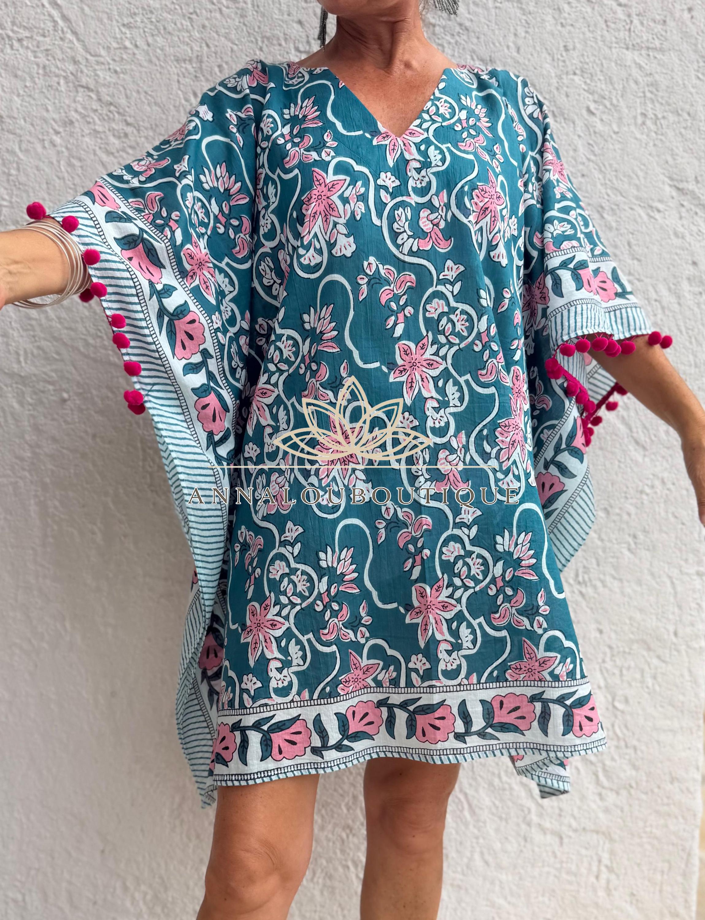 Teal & Pink Floral Short Kaftan, Cotton Beach Cover Up, Bohemian Summer Dress, Hippie Chic Resort Wear, Lightweight Handmade Cotton Fashion