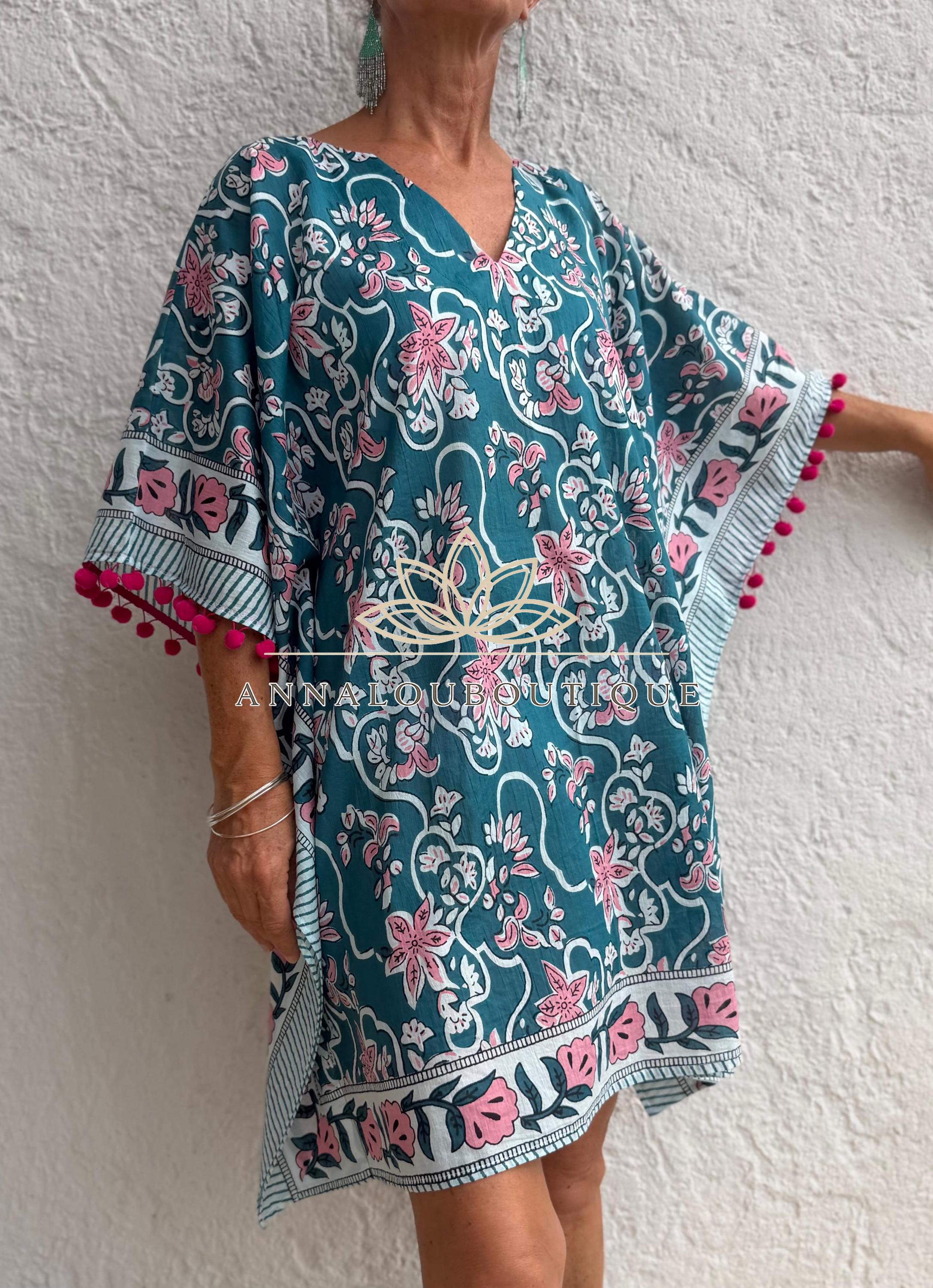 Teal & Pink Floral Short Kaftan, Cotton Beach Cover Up, Bohemian Summer Dress, Hippie Chic Resort Wear, Lightweight Handmade Cotton Fashion