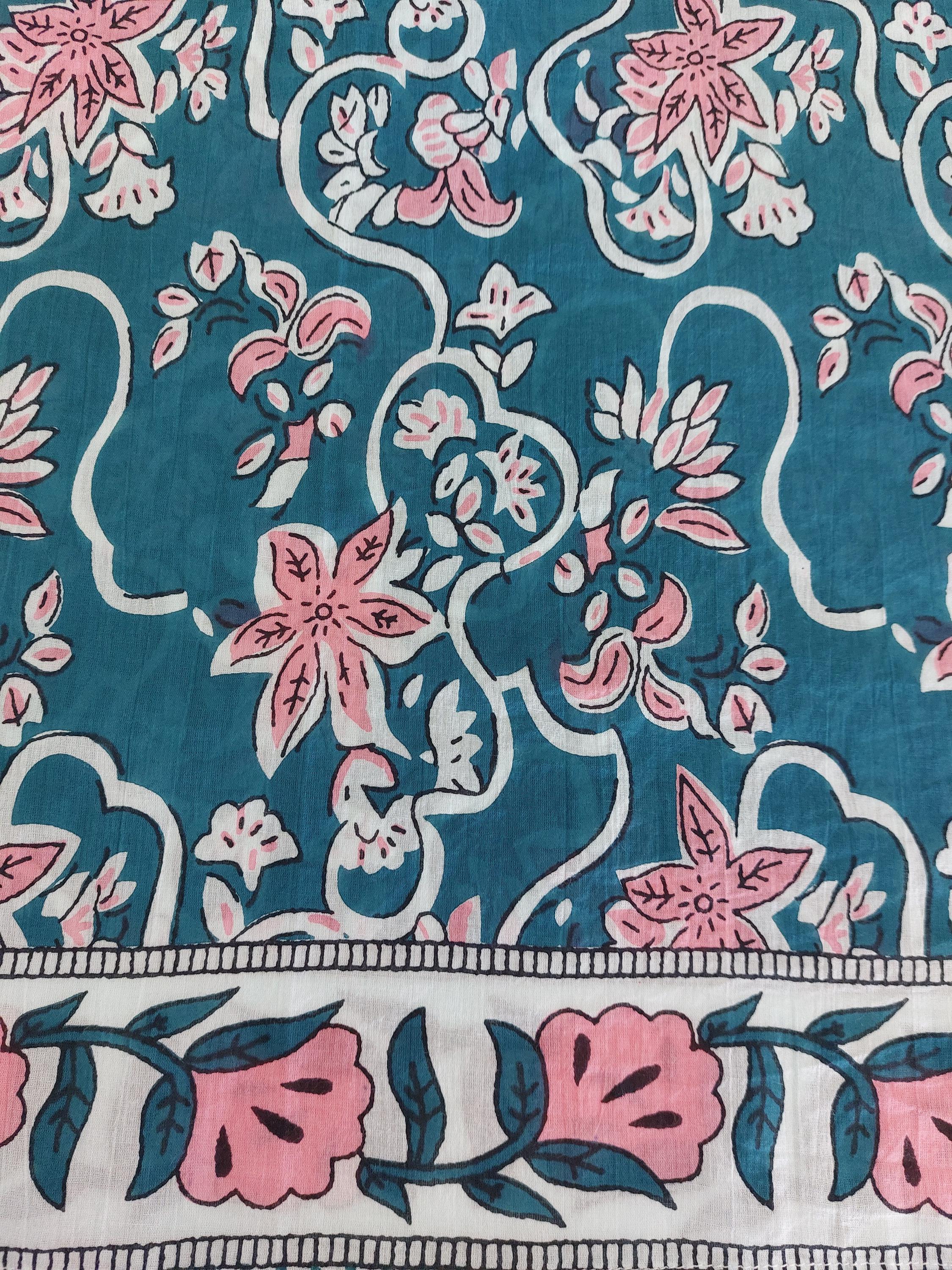 Teal & Pink Floral Short Kaftan, Cotton Beach Cover Up, Bohemian Summer Dress, Hippie Chic Resort Wear, Lightweight Handmade Cotton Fashion