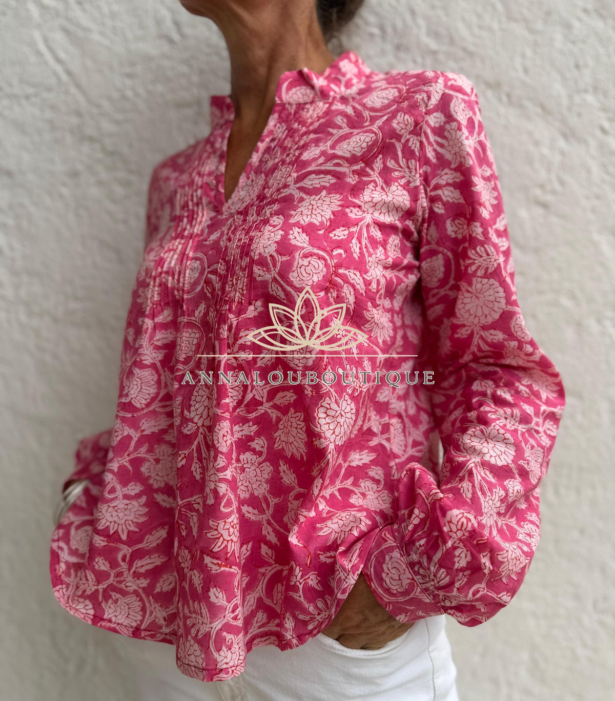 Pink Floral Cotton Blouse, Soft Cotton Shirt, Front Pleated Top, Mao Collar Bohemian Blouse, Casual Everyday Wear, Handmade Limited Edition