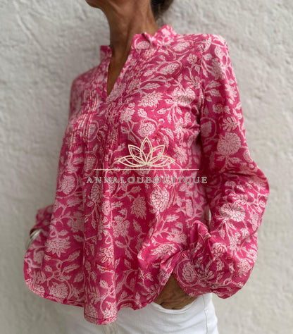 Pink Floral Cotton Blouse, Soft Cotton Shirt, Front Pleated Top, Mao Collar Bohemian Blouse, Casual Everyday Wear, Handmade Limited Edition