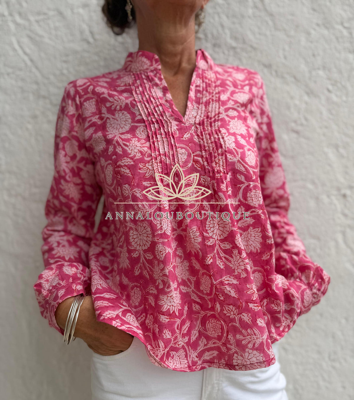Pink Floral Cotton Blouse, Soft Cotton Shirt, Front Pleated Top, Mao Collar Bohemian Blouse, Casual Everyday Wear, Handmade Limited Edition
