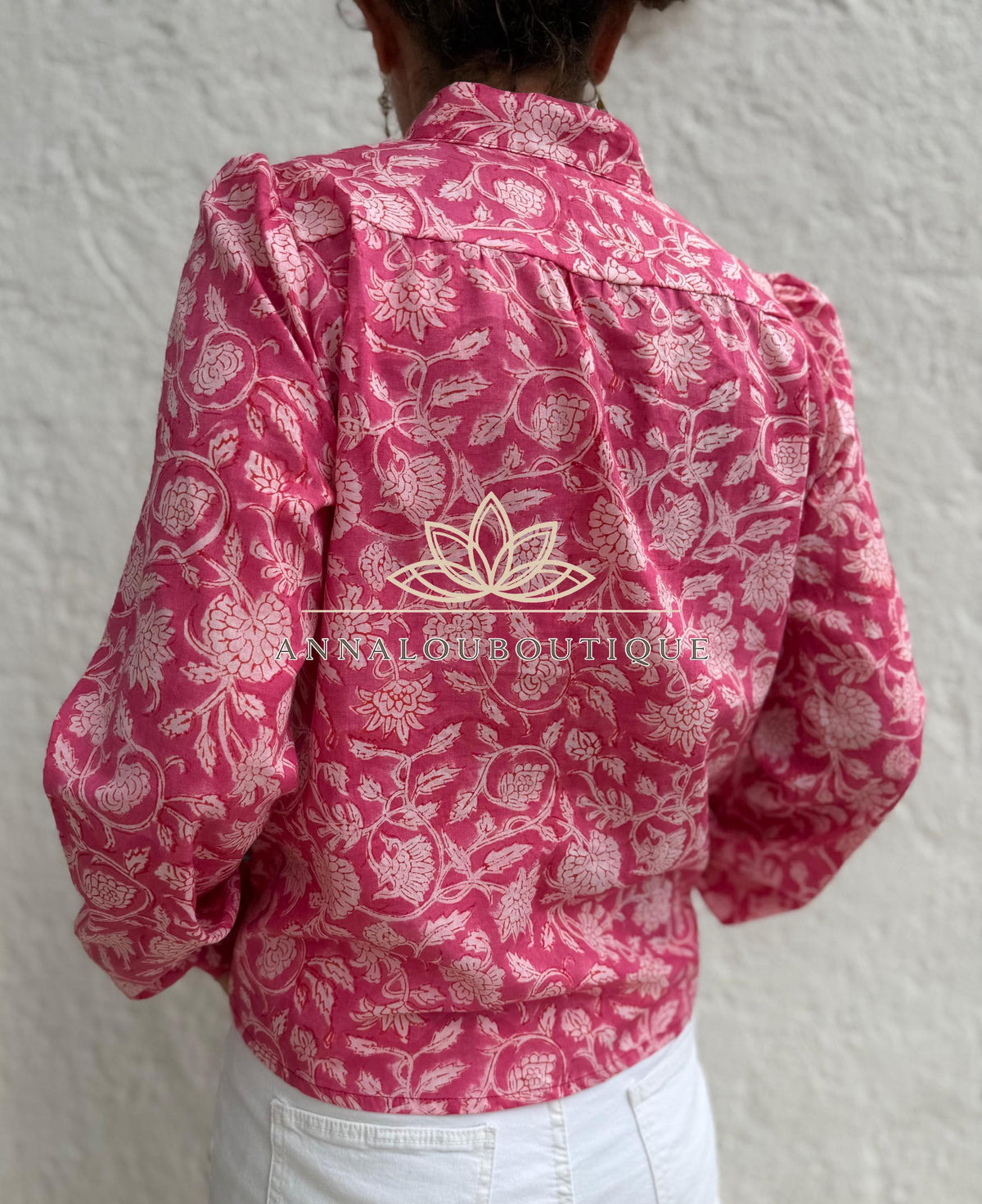 Pink Floral Cotton Blouse, Soft Cotton Shirt, Front Pleated Top, Mao Collar Bohemian Blouse, Casual Everyday Wear, Handmade Limited Edition