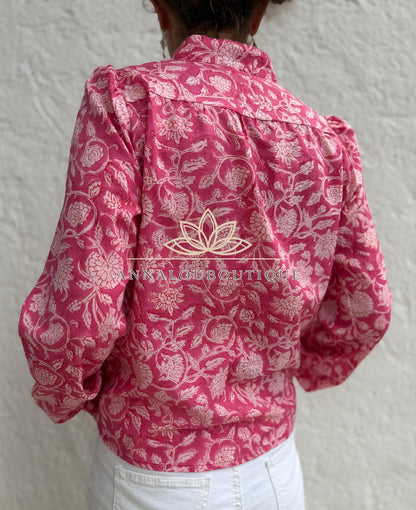Pink Floral Cotton Blouse, Soft Cotton Shirt, Front Pleated Top, Mao Collar Bohemian Blouse, Casual Everyday Wear, Handmade Limited Edition