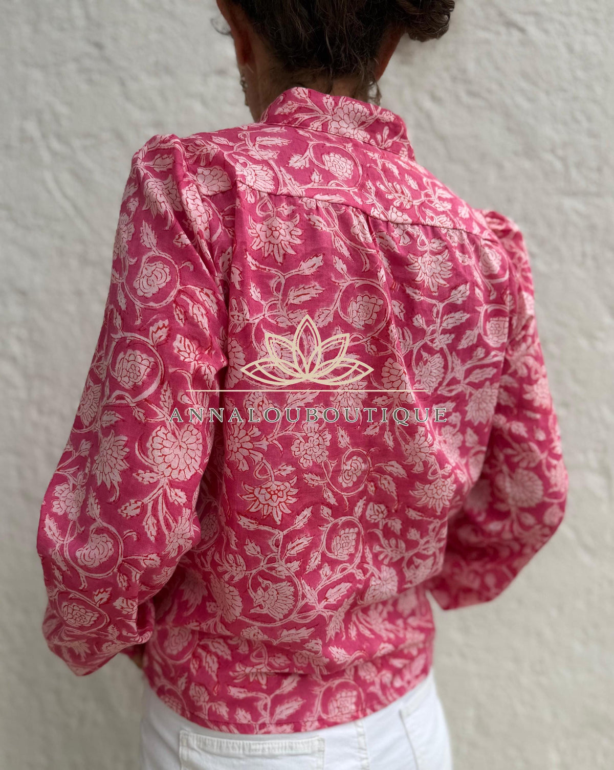 Pink Floral Cotton Blouse, Soft Cotton Shirt, Front Pleated Top, Mao Collar Bohemian Blouse, Casual Everyday Wear, Handmade Limited Edition