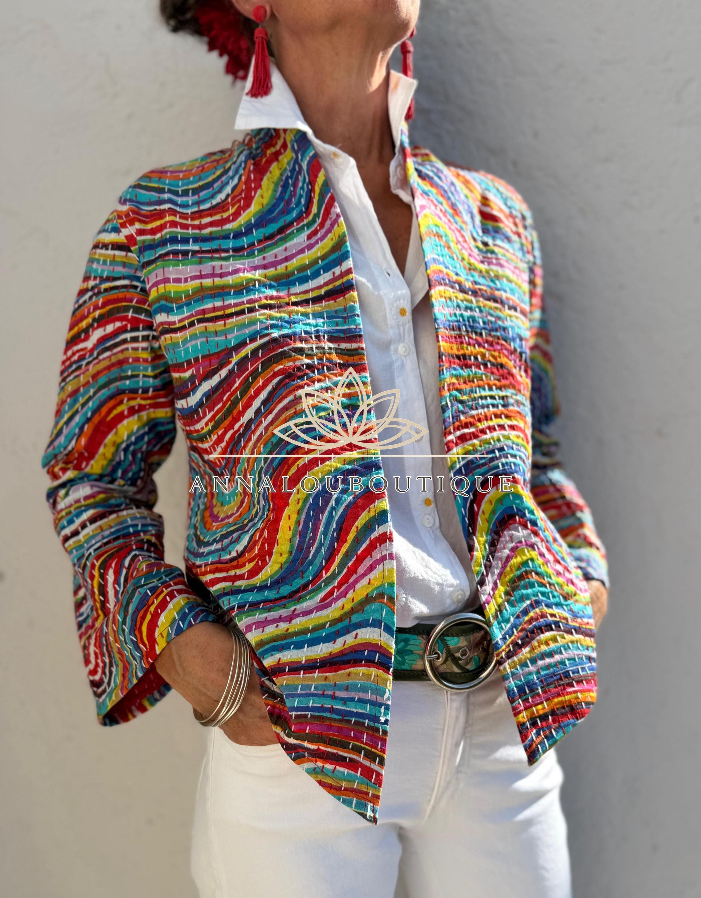 Rainbow Color Cotton Jacket, Kimono Style Bohemian Layer, Mid-Season Casual Jacket, Handmade Cotton Outerwear, Provence Handmade Fashion