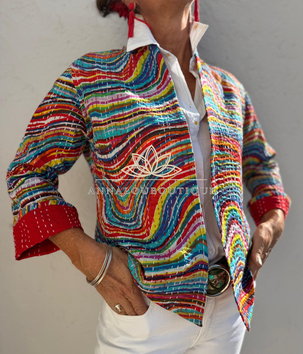 Rainbow Color Cotton Jacket, Kimono Style Bohemian Layer, Mid-Season Casual Jacket, Handmade Cotton Outerwear, Provence Handmade Fashion