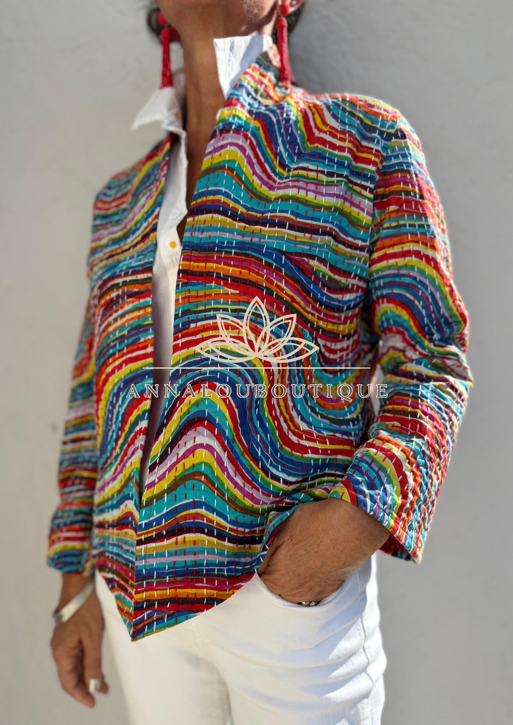 Rainbow Color Cotton Jacket, Kimono Style Bohemian Layer, Mid-Season Casual Jacket, Handmade Cotton Outerwear, Provence Handmade Fashion