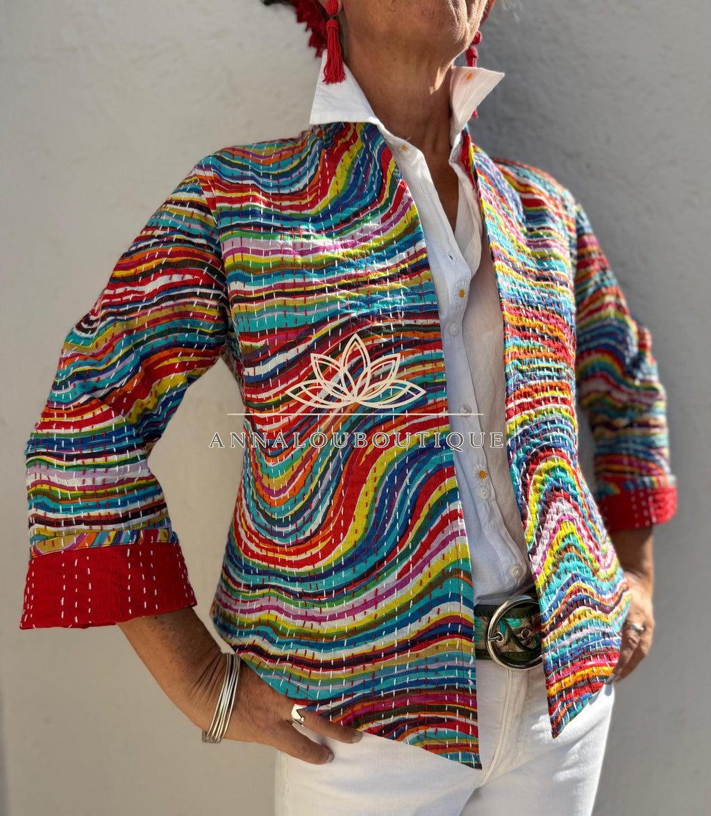 Rainbow Color Cotton Jacket, Kimono Style Bohemian Layer, Mid-Season Casual Jacket, Handmade Cotton Outerwear, Provence Handmade Fashion