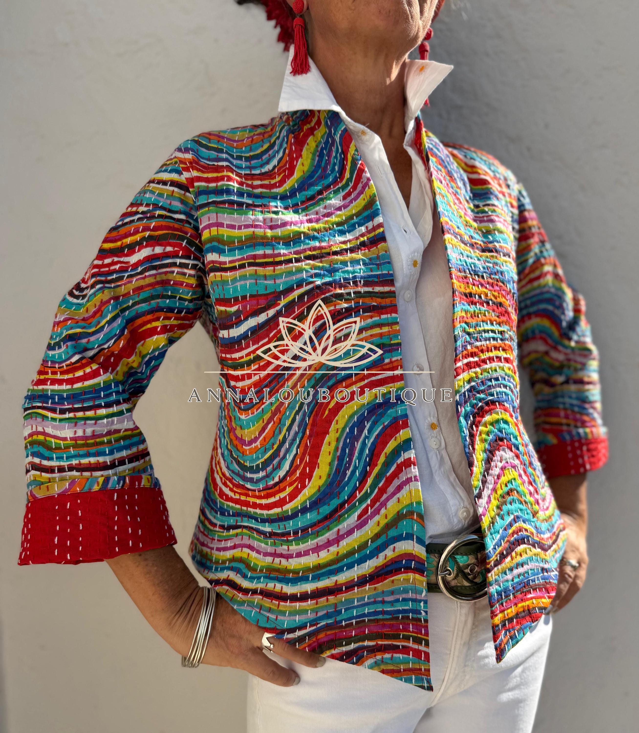 Rainbow Color Cotton Jacket, Kimono Style Bohemian Layer, Mid-Season Casual Jacket, Handmade Cotton Outerwear, Provence Handmade Fashion