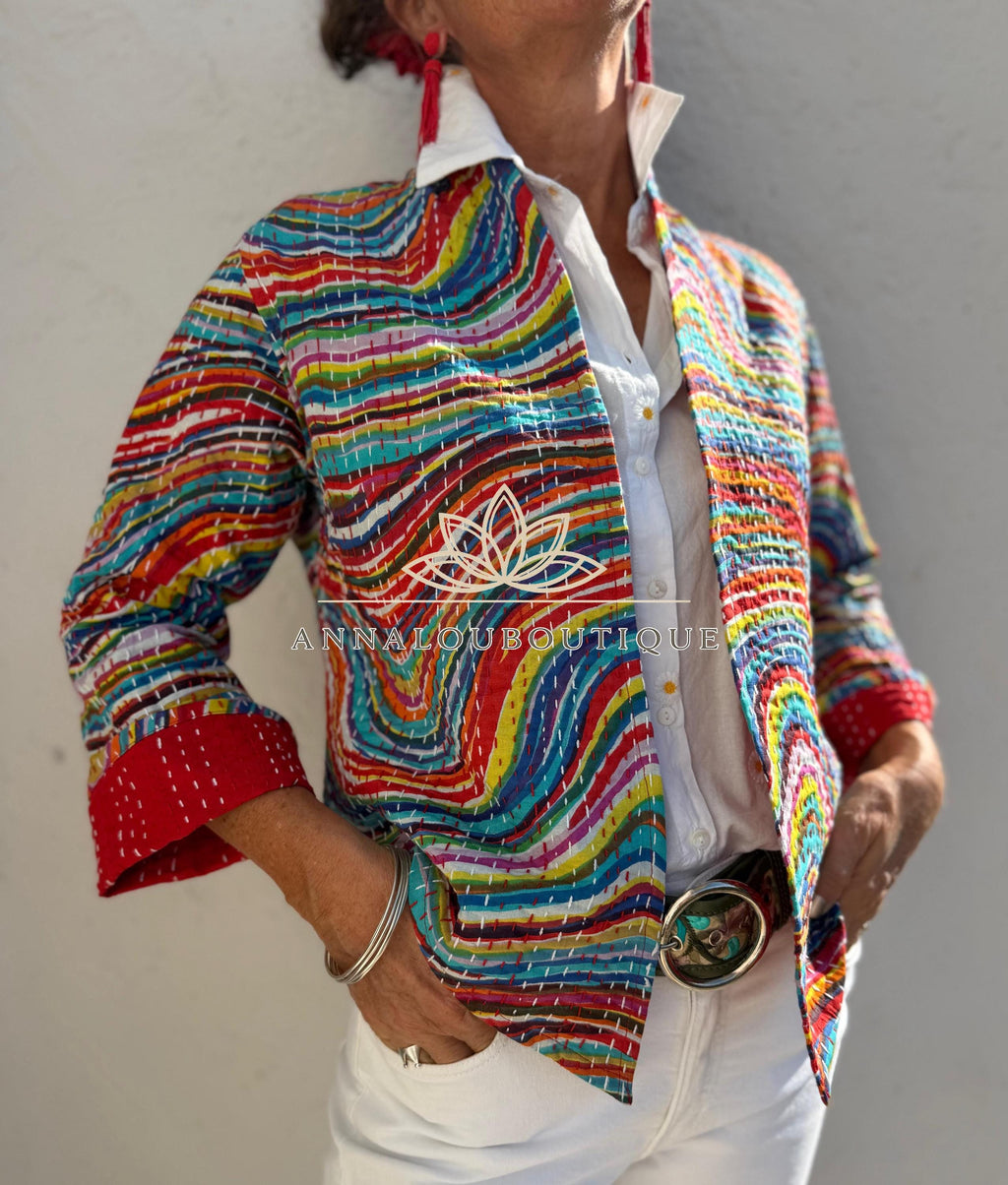 Rainbow Color Cotton Jacket, Kimono Style Bohemian Layer, Mid-Season Casual Jacket, Handmade Cotton Outerwear, Provence Handmade Fashion