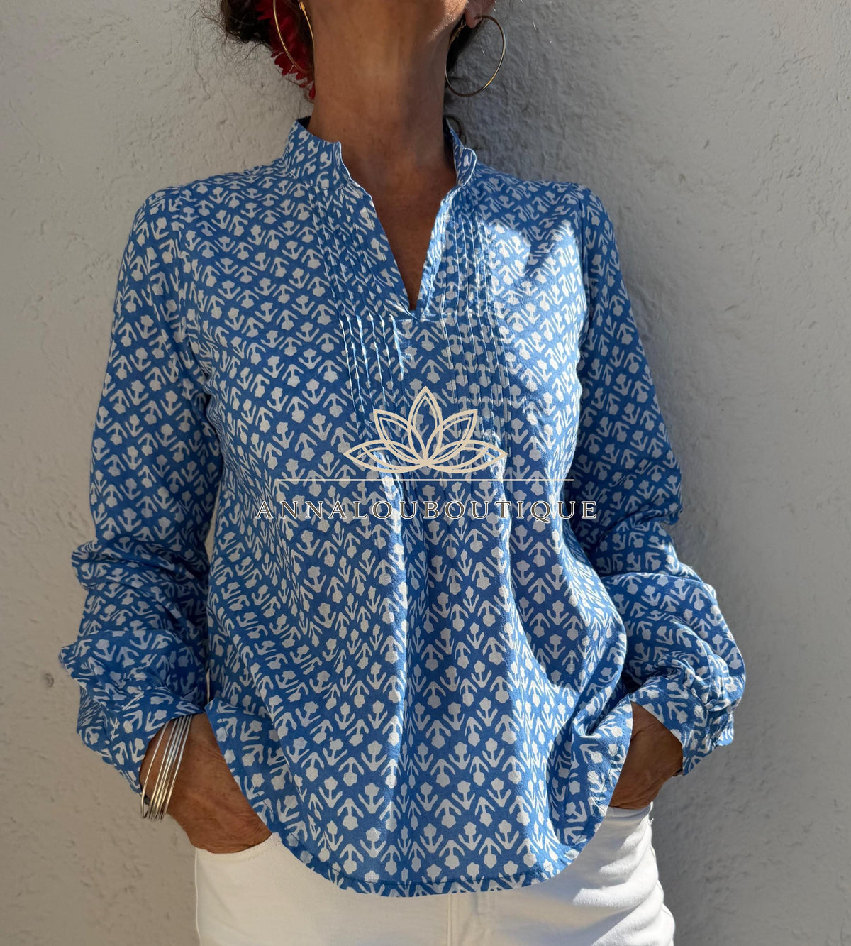 Blue Hand Block Printed Cotton Shirt, Front Pleated Blouse, Long Sleeve Boho Top, Soft Cotton Casual Women’s Wear