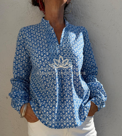 Blue Hand Block Printed Cotton Shirt, Front Pleated Blouse, Long Sleeve Boho Top, Soft Cotton Casual Women’s Wear