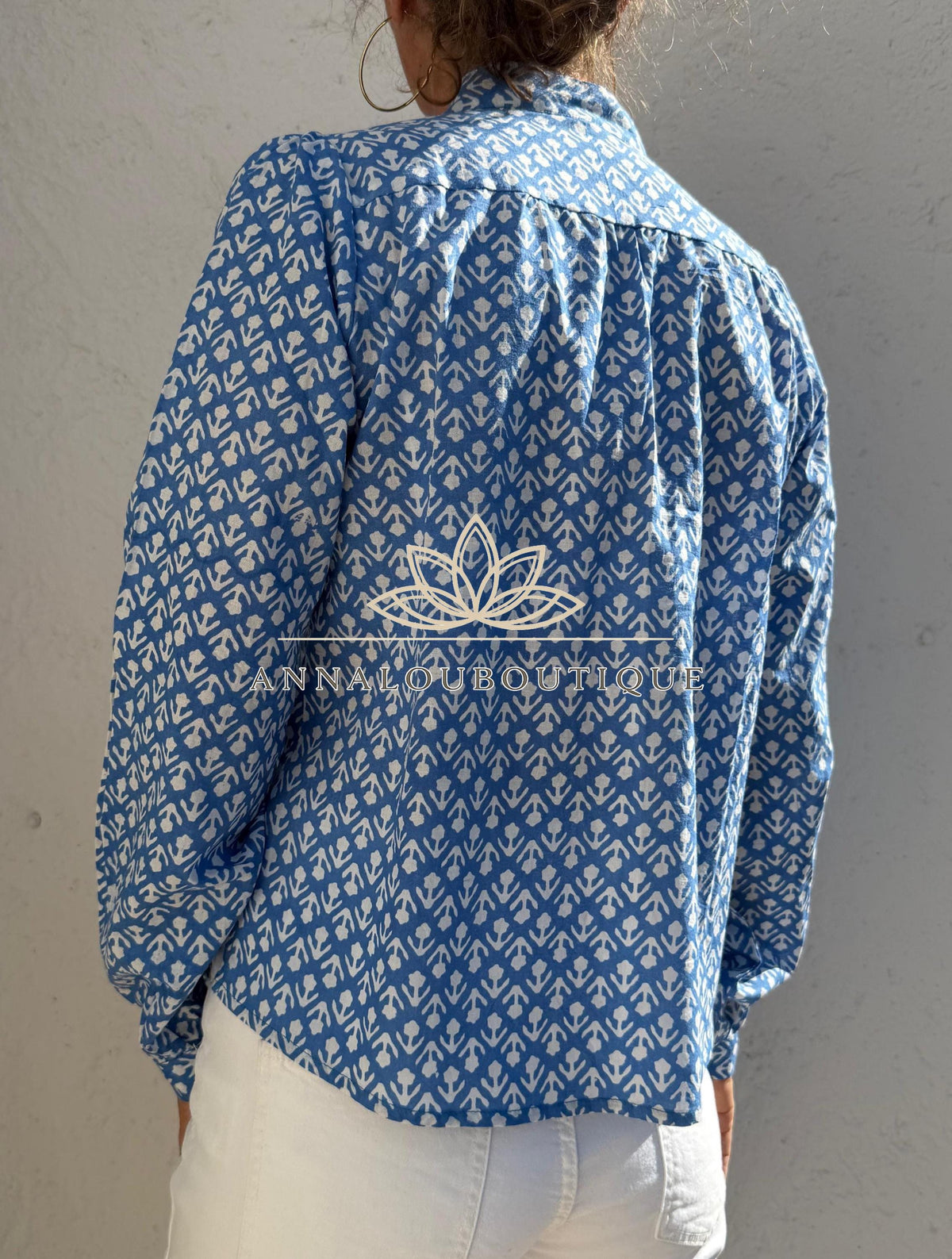 Blue Hand Block Printed Cotton Shirt, Front Pleated Blouse, Long Sleeve Boho Top, Soft Cotton Casual Women’s Wear