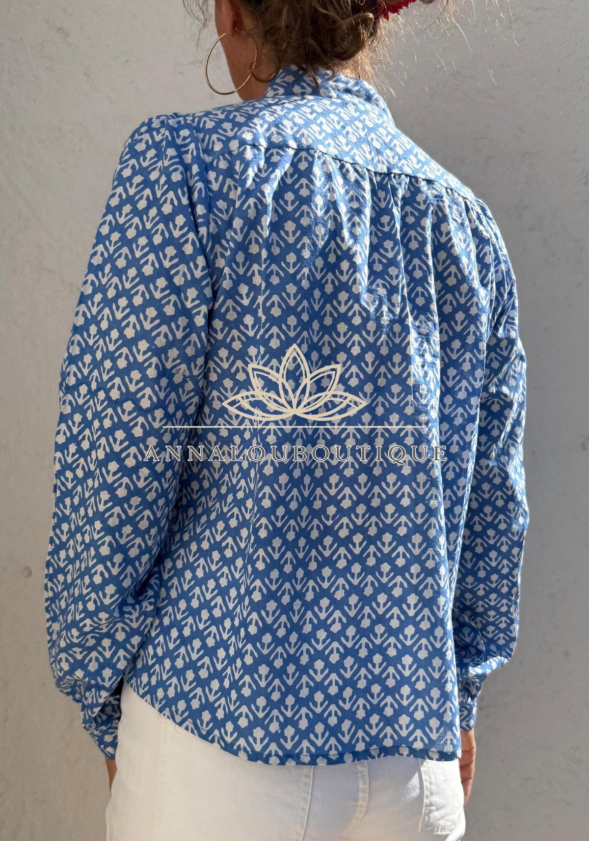 Blue Hand Block Printed Cotton Shirt, Front Pleated Blouse, Long Sleeve Boho Top, Soft Cotton Casual Women’s Wear