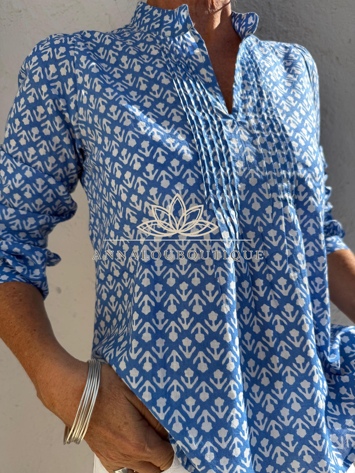 Blue Hand Block Printed Cotton Shirt, Front Pleated Blouse, Long Sleeve Boho Top, Soft Cotton Casual Women’s Wear
