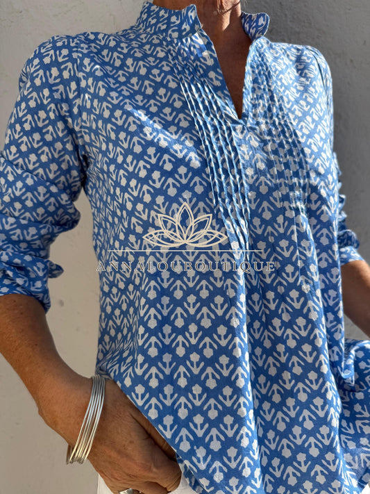 Blue Hand Block Printed Cotton Shirt, Front Pleated Blouse, Long Sleeve Boho Top, Soft Cotton Casual Women’s Wear