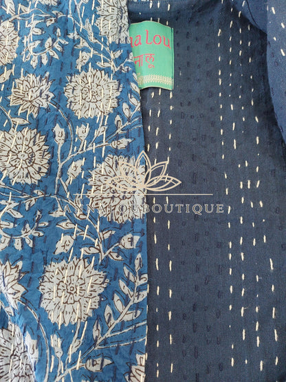 Blue Floral Cotton Jacket, Open Front Boho Cardigan, Lightweight Mid-Season Jacket, Hippie Chic Women’s Layer